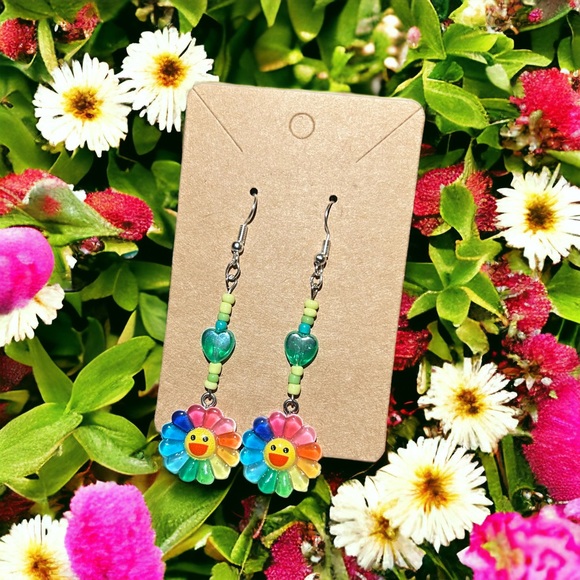 Handmade Rainbow Smiley Face Flower Earrings - Picture 2 of 2